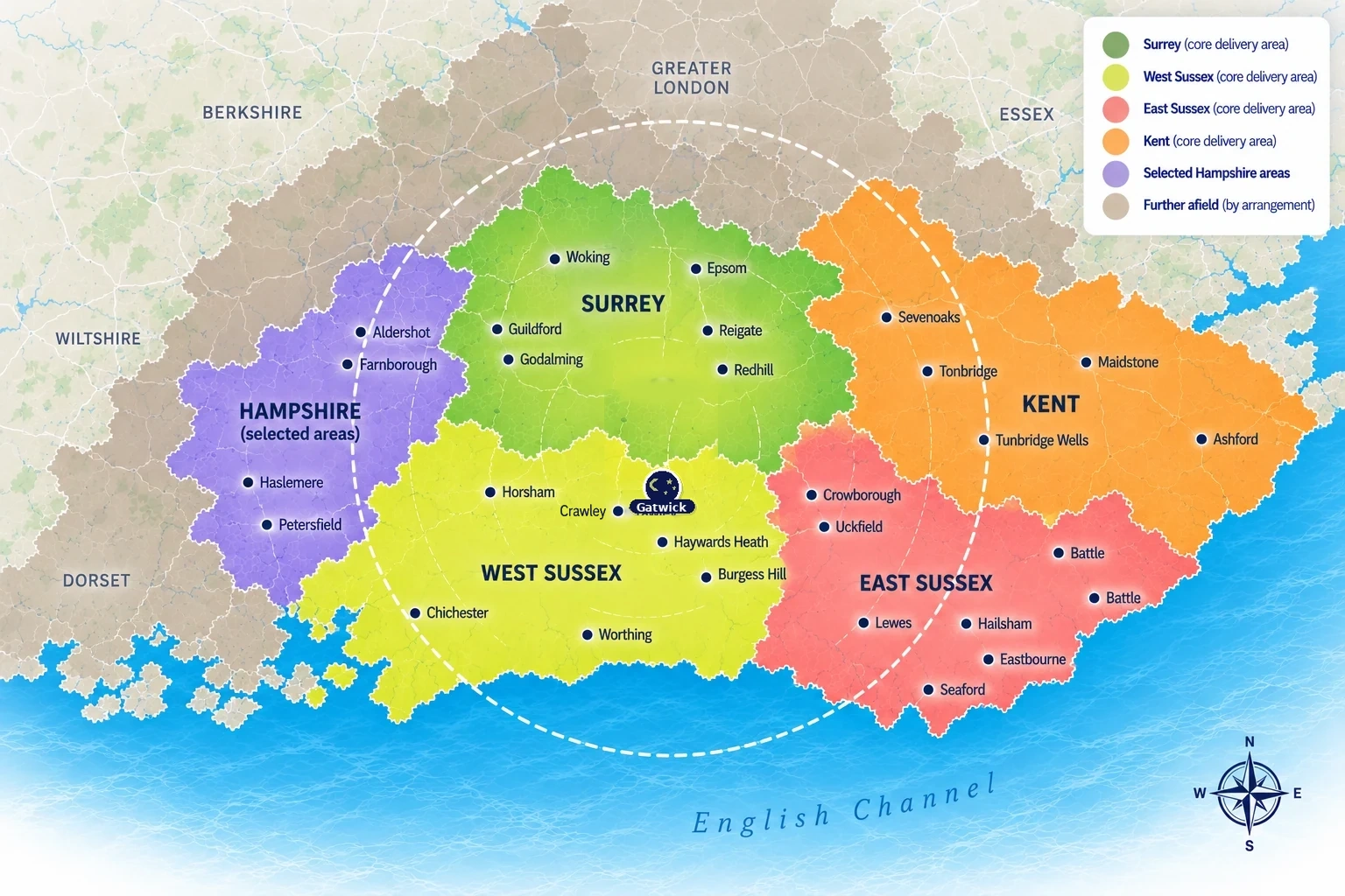 Map of Lunar Ice delivery coverage from Gatwick across Surrey, West Sussex, East Sussex, Kent and selected Hampshire areas, with larger deliveries available further afield.