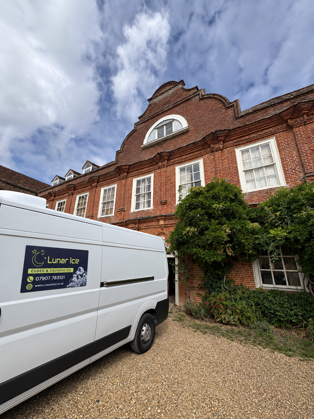 Lunar Ice temperature-controlled delivery van outside a historic manor venue